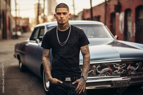 Latin gangster in front of custom stylized lowrider car