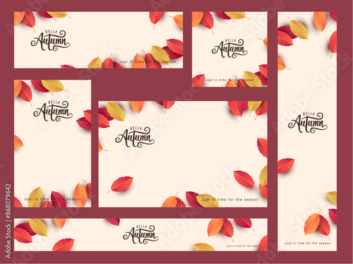 Autumn web banner background template decorate with autumn leaves and calligraphy of Autumn