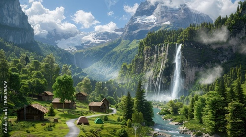 A serene landscape featuring a majestic mountain range with lush green valleys and a cascading waterfall in the foreground, surrounded by dense forest 