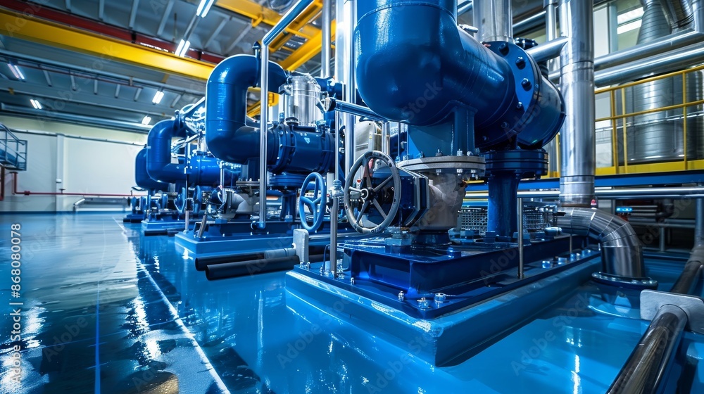 Industrial Blue Pipes and Pumps in a Factory Industrial Blue Pipes and Pumps in a Factory