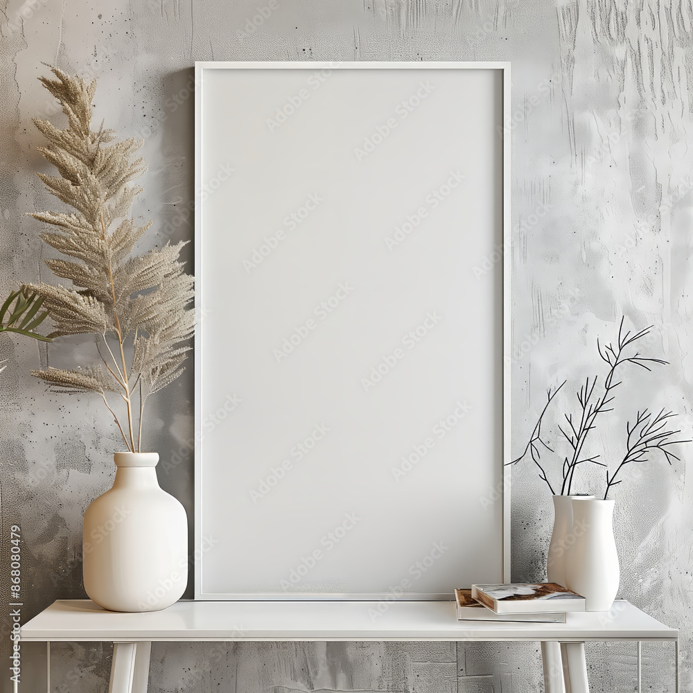 Blank picture frame hanging on wall at living room with some decoration mockup Blank picture frame hanging on wall at living room with some decoration mockup