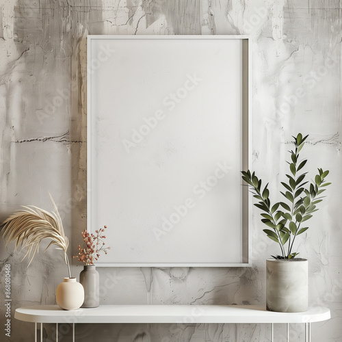 Blank picture frame hanging on wall at living room with some decoration mockup