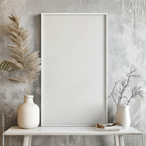Blank picture frame hanging on wall at living room with some decoration mockup