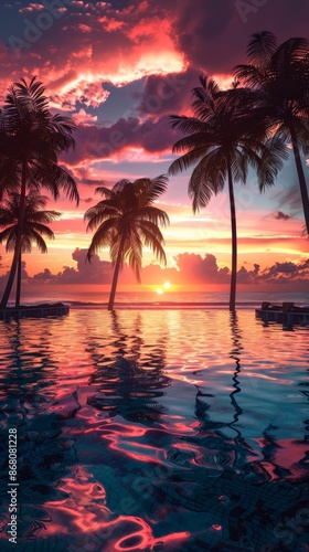 Sunset view with palm trees and infinity pool, tropical paradise. Vacation and relaxation concept.