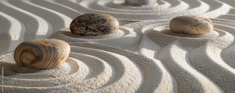 Naklejka premium Zen garden with smooth stones and raked sand pattern, serene and tranquil ambiance