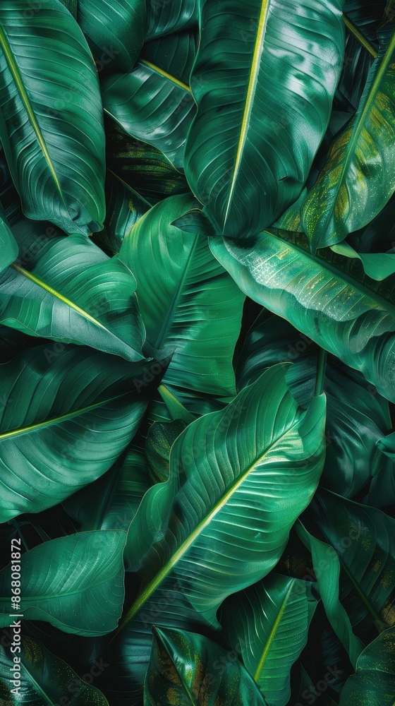 A close-up view of vibrant green tropical leaves A close-up view of vibrant green tropical leaves