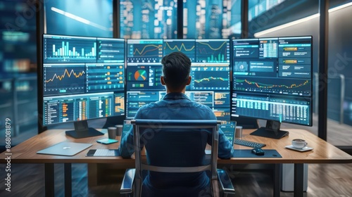 Person using multiple screens for remote work, virtual project management software, bright and organized workspace, efficient productivity, Futuristic, 3D Render