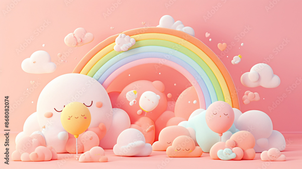 Cute 3D rendering of a rainbow with clouds and hearts on a pink background with copy space for children's book, nursery, or birthday party. Cute 3D rendering of a rainbow with clouds and hearts on a pink background with copy space for children's book, nursery, or birthday party.