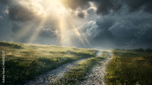 Solitary Gravel Path through Dramatic Pastoral Landscape with Sun Rays Piercing Stormy Skies