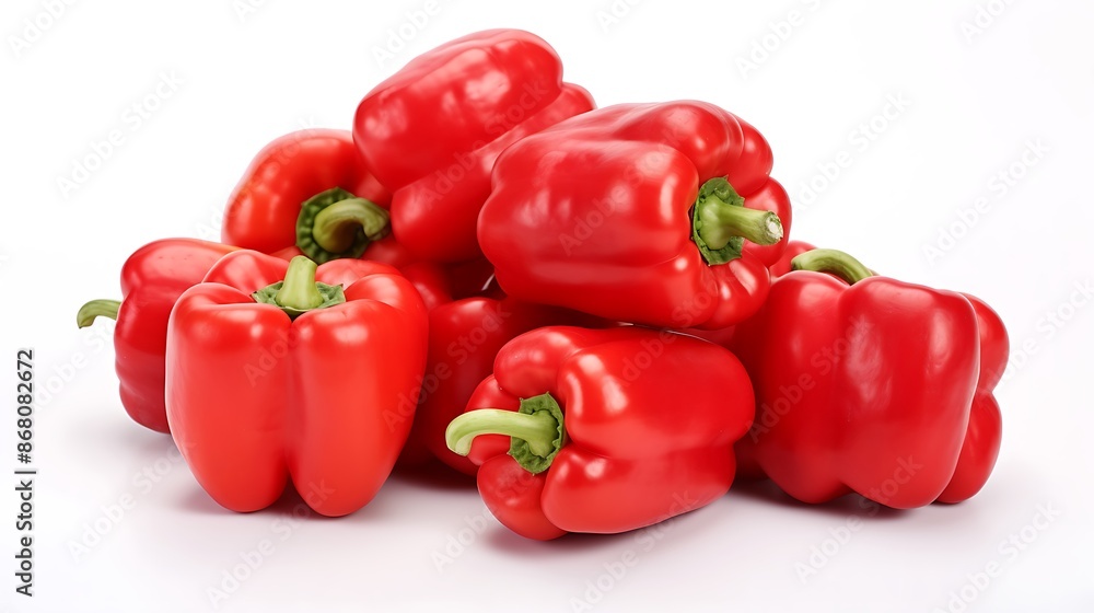 The image shows a group of red bell peppers on a white background. The image shows a group of red bell peppers on a white background.
