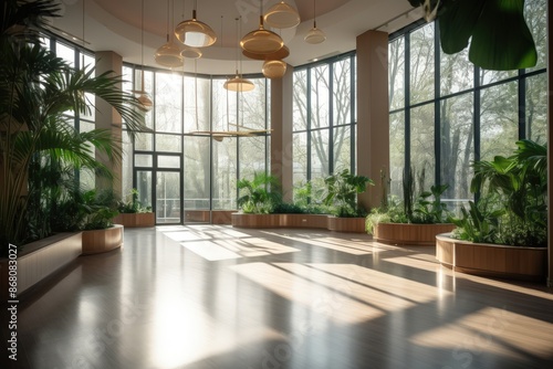 Sunlit Modern Lobby with Large Windows and Plants