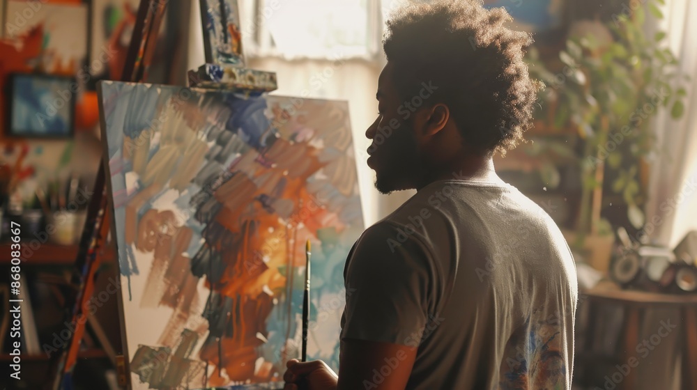 Artist working on abstract painting Artist working on abstract painting