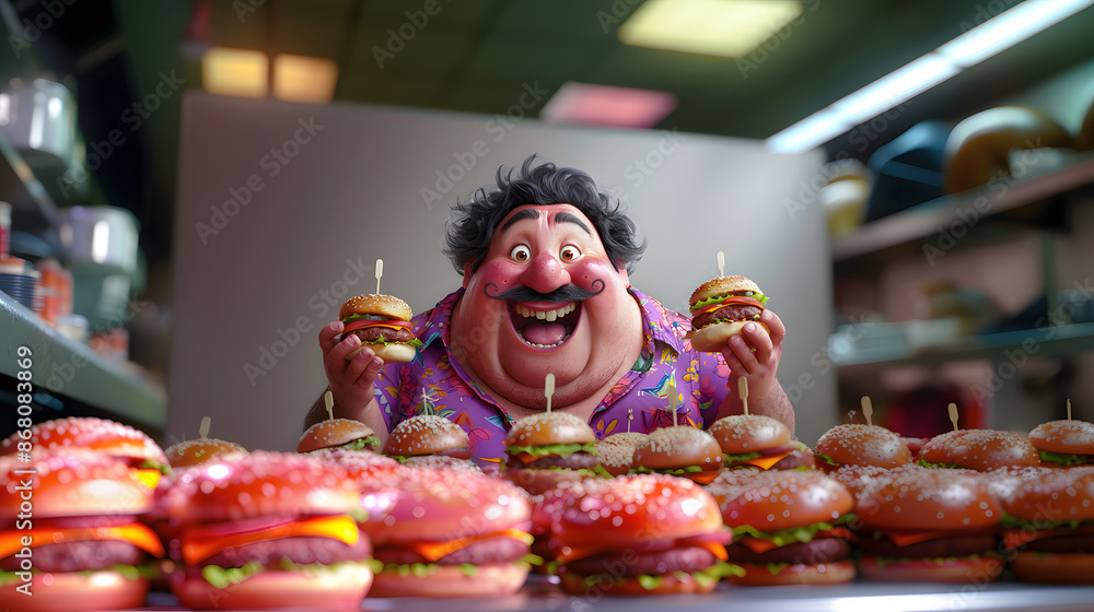 © MdShahadat - Fat Man smiling in front of many burgers excited expression on his face © MdShahadat - Fat Man smiling in front of many burgers excited expression on his face