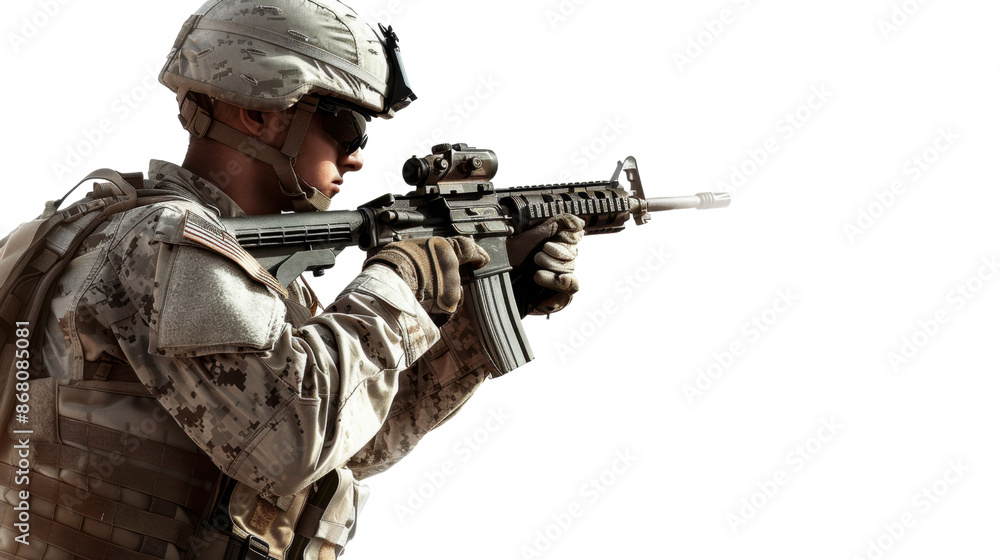 Fototapeta premium Military soldier holding weapon on transparent background
