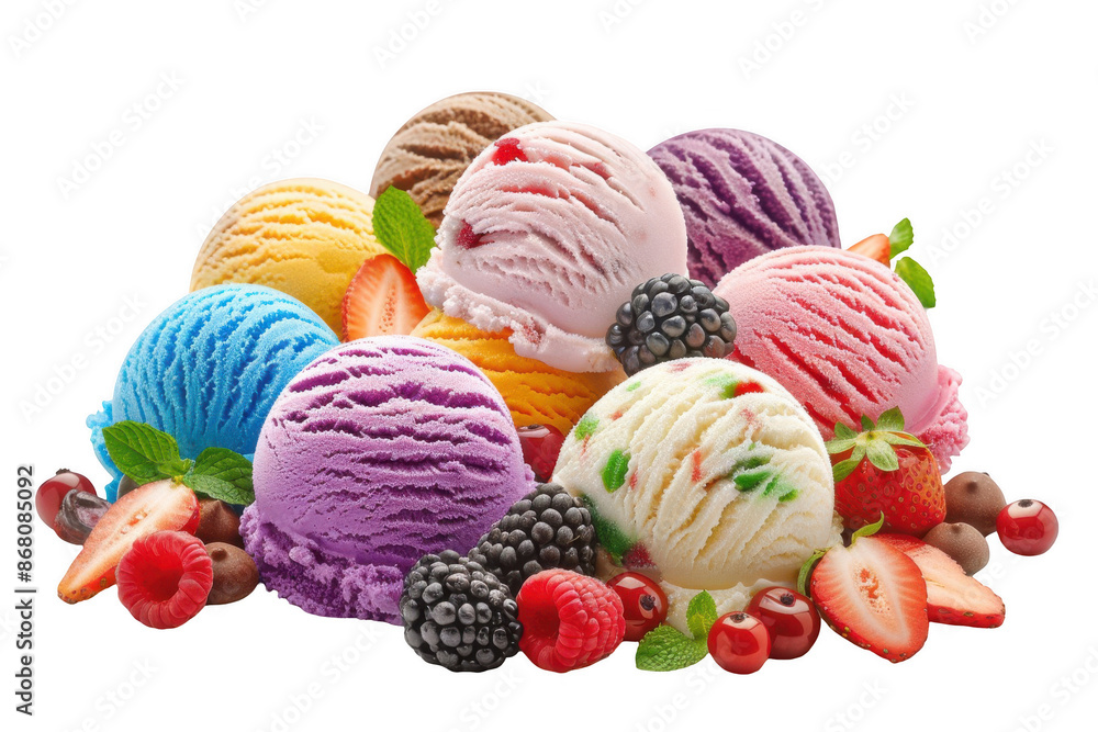Assorted ice cream scoops, various flavors, fresh berries, on a transparent background. Assorted ice cream scoops, various flavors, fresh berries, on a transparent background.
