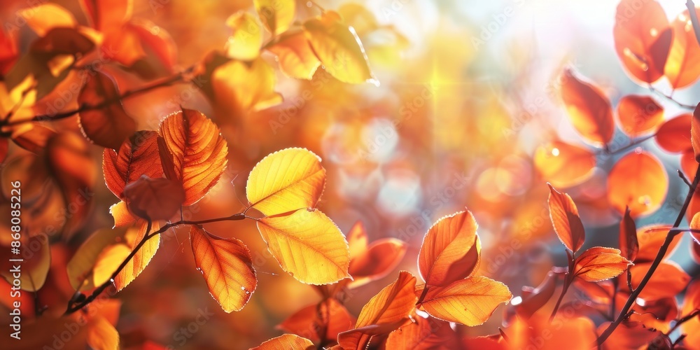 Vibrant autumn leaves glowing in warm sunlight, creating a picturesque fall scene with golden hues and soft bokeh background. Vibrant autumn leaves glowing in warm sunlight, creating a picturesque fall scene with golden hues and soft bokeh background.