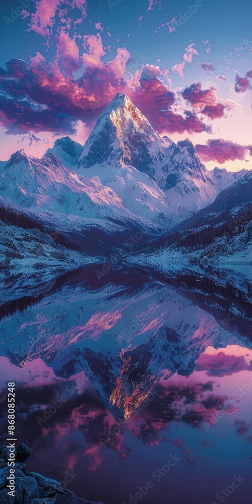 Snow-capped mountains reflect in a calm lake, with a dramatic pink and purple sky overhead. The peaks are bathed in golden sunlight, creating a serene and majestic scene. Snow-capped mountains reflect in a calm lake, with a dramatic pink and purple sky overhead. The peaks are bathed in golden sunlight, creating a serene and majestic scene.