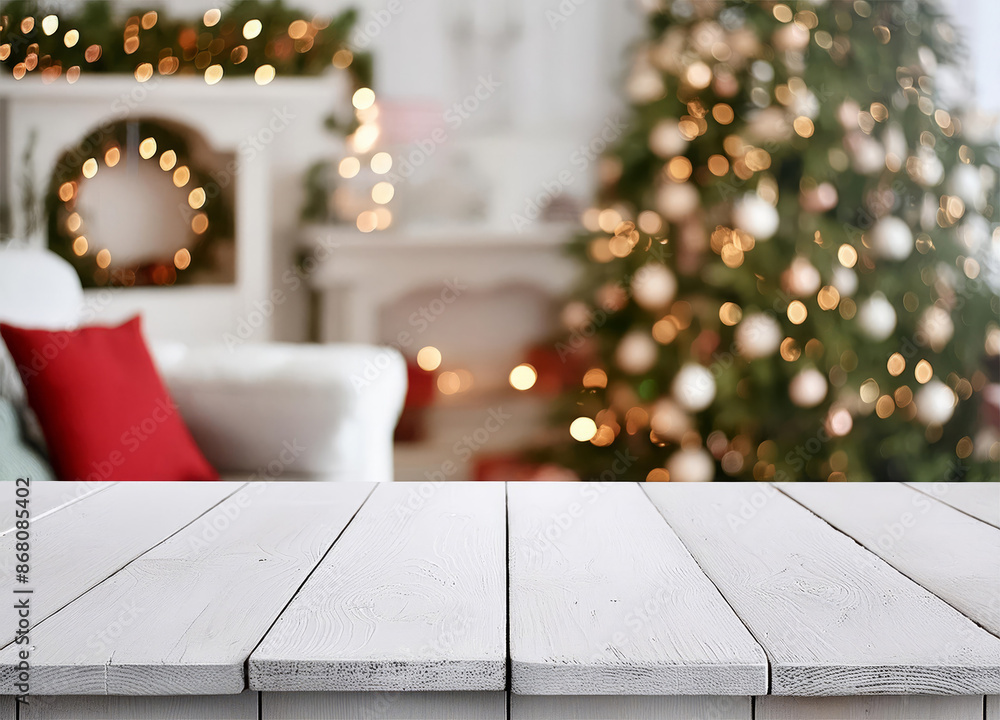 Εκτύπωση καμβά White wood table for display products on background of blurred christmas room