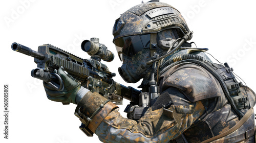 Military soldier holding weapon on transparent background