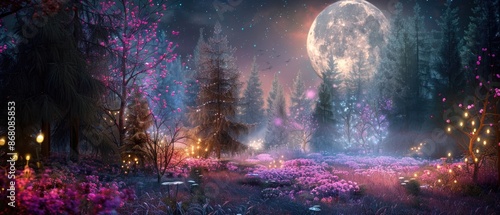 A beautiful fairytale enchanted forest at night with a big moon in the sky illuminating trees and great vegetation