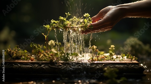 A hand reaching out to touch the weathered pages of a Holy Bible resting on a stone pedestal in a serene garden photo