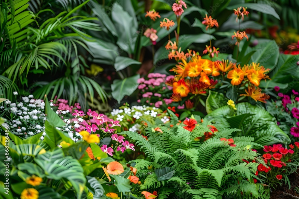 Vibrant Tropical Garden with Lush Greenery and Colorful Blooms Vibrant Tropical Garden with Lush Greenery and Colorful Blooms