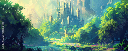 Pixelated enchanted castle in a magical forest, pixel fantasy, fairytale scenery