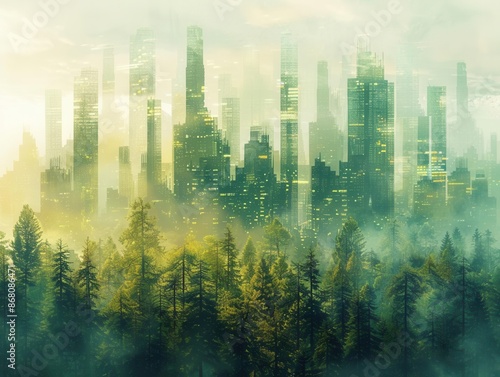 A futuristic city skyline blending seamlessly with a dense forest