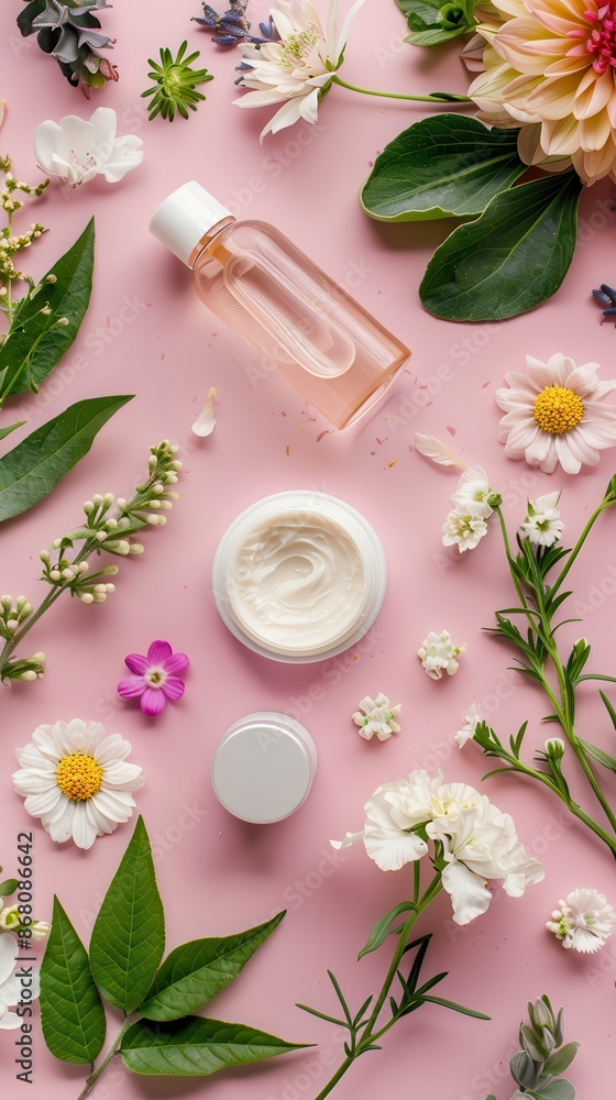 Close-up of natural skincare products and flowers Close-up of natural skincare products and flowers