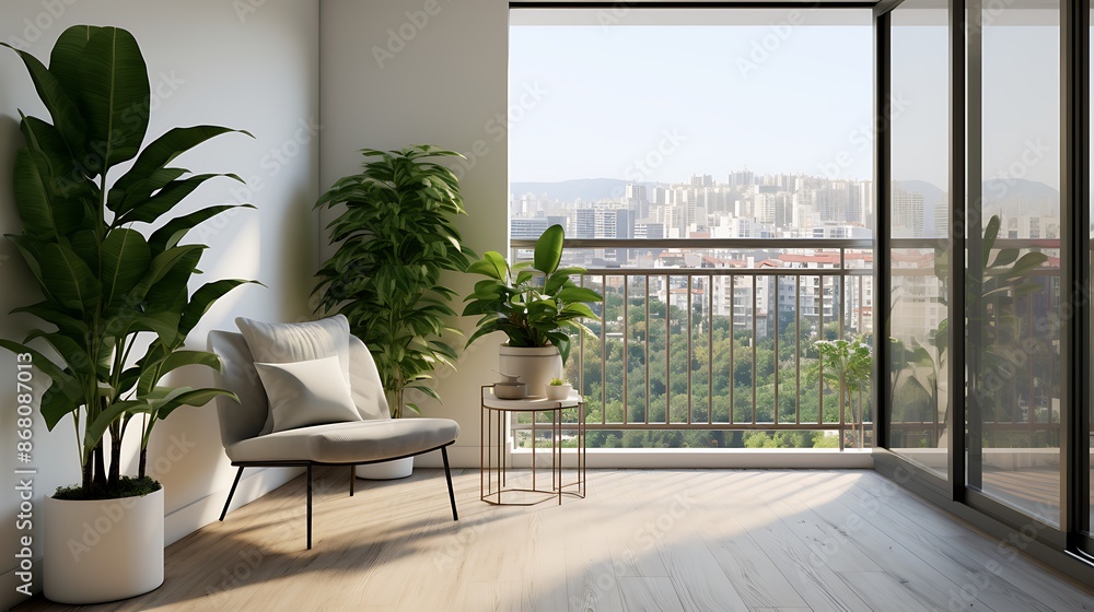 The image shows a modern apartment interior with a focus on greenery. There is a white wall, a large window a small balcony with a white railing and a small table with a plant in a pot on it. The image shows a modern apartment interior with a focus on greenery. There is a white wall, a large window a small balcony with a white railing and a small table with a plant in a pot on it.