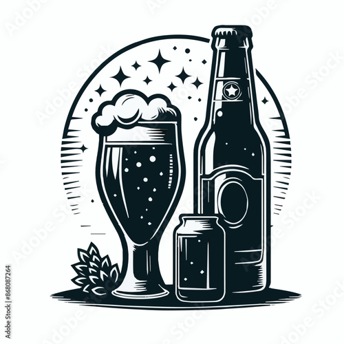 Beer Bottle and Glass Vector Art Illustrations Silhouette For Oktoberfest. Generative AI