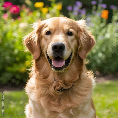 Free photo of the dog sits near blooming roses. AI generative image.