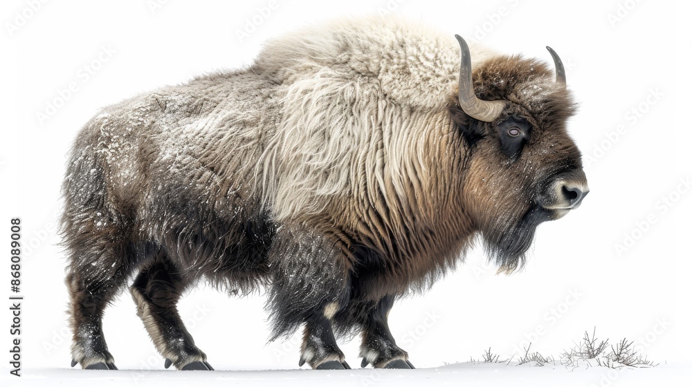 Bison standing on snow-covered landscape, side view Bison standing on snow-covered landscape, side view