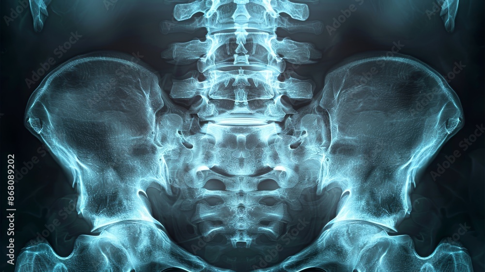 A medical X-ray image of the lower spine and pelvis. The image shows ...