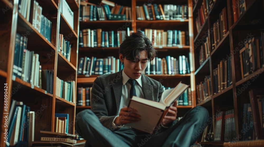 Student guy in suit read book between rows in college, university or school. Educational library background. Old textbooks on bookshelves. Concept of knowledge, education learning. Dark academia style Student guy in suit read book between rows in college, university or school. Educational library background. Old textbooks on bookshelves. Concept of knowledge, education learning. Dark academia style