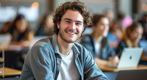 Young Man Smiling in a Classroom Setting