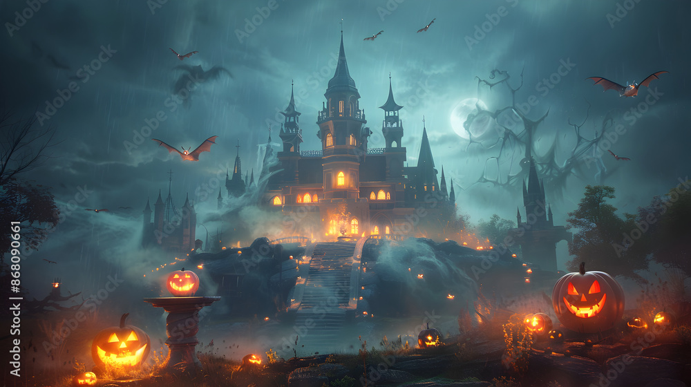 Haunted Castle with Glowing Jack-O'-Lanterns on a Foggy Halloween Night Haunted Castle with Glowing Jack-O'-Lanterns on a Foggy Halloween Night