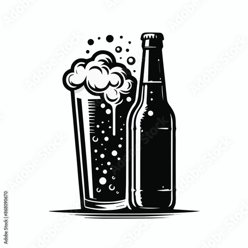 black and white beer glass and bottle clip art preview