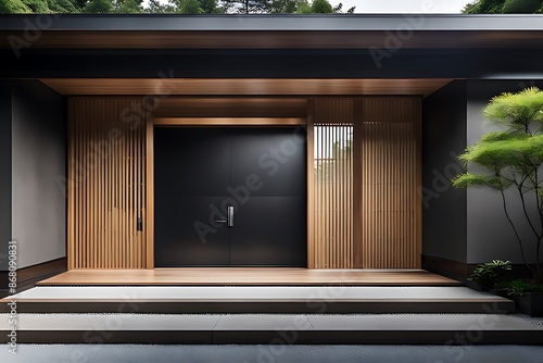 Wallpaper Mural Modern main entrance door. Japanese minimalist style exterior of villa in forest. Torontodigital.ca