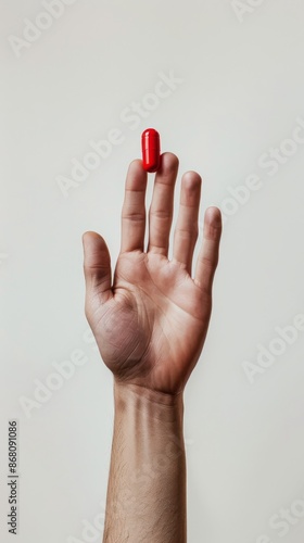 Hand holding a red capsule pill against a white background, close-up. Healthcare and medicine concept