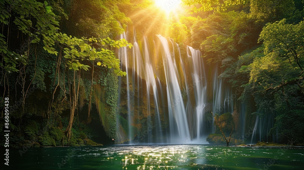 A serene view of a waterfall in a dense forest, with sunlight breaking through the green canopy and illuminating the water A serene view of a waterfall in a dense forest, with sunlight breaking through the green canopy and illuminating the water
