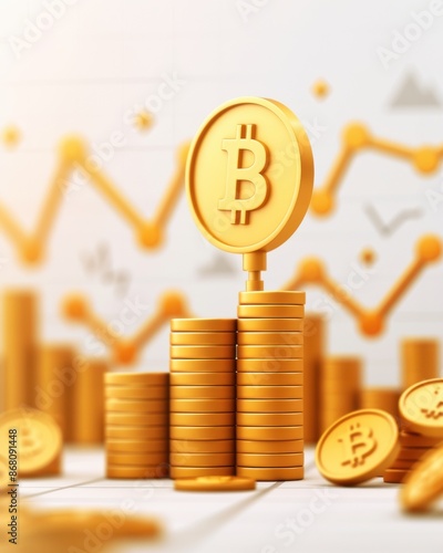 Stacks of golden bitcoins with fluctuating graphs in the background, symbolizing cryptocurrency growth and investment trends.