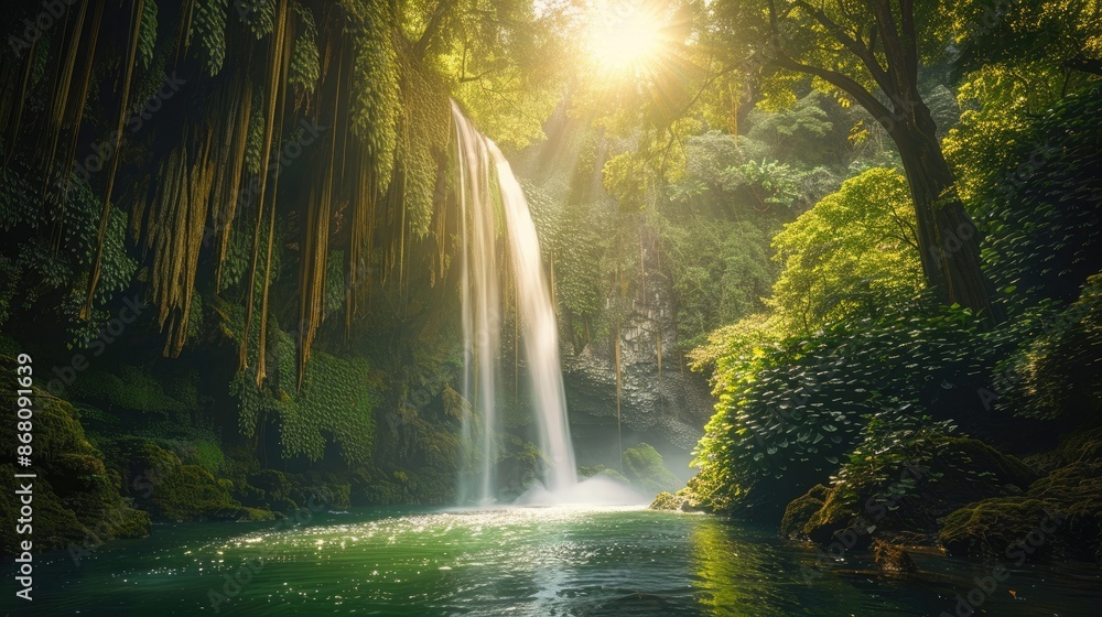 A serene view of a waterfall in a dense forest, with sunlight breaking through the green canopy and illuminating the water A serene view of a waterfall in a dense forest, with sunlight breaking through the green canopy and illuminating the water