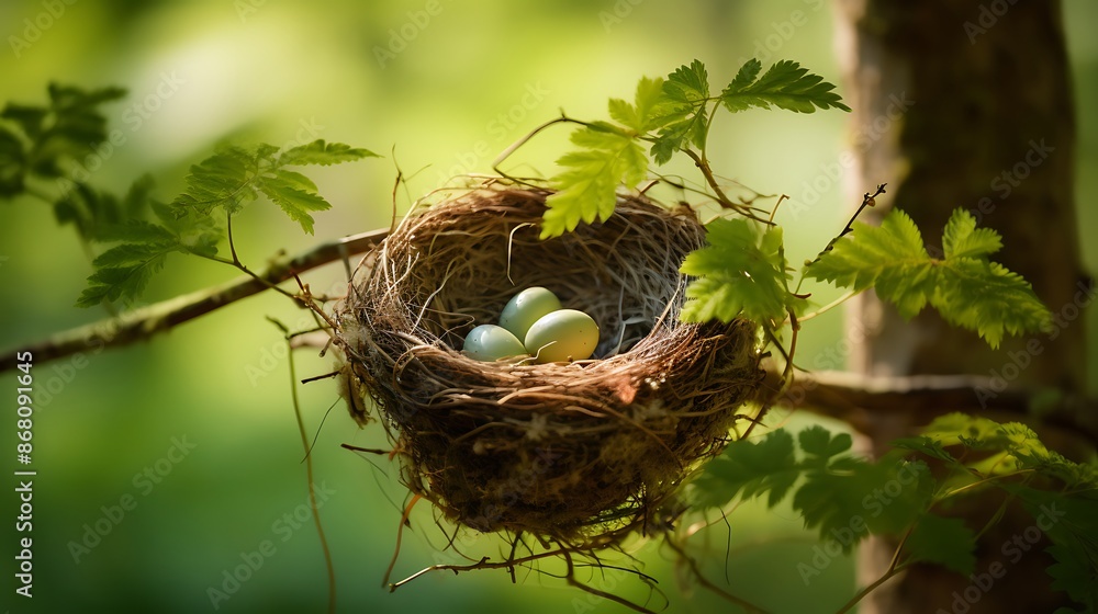 The image shows a nest with a brown bird's egg, situated on a branch with green leaves The image shows a nest with a brown bird's egg, situated on a branch with green leaves