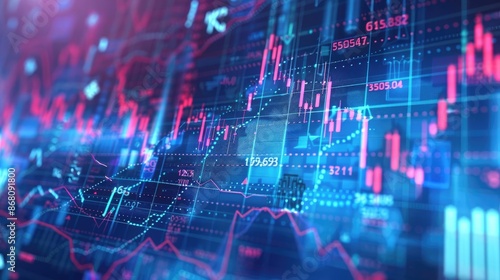 Background featuring a fluctuating stock chart, business symbols, and economic data points, representing financial dynamics, [stock chart, business], [economic fluctuations]