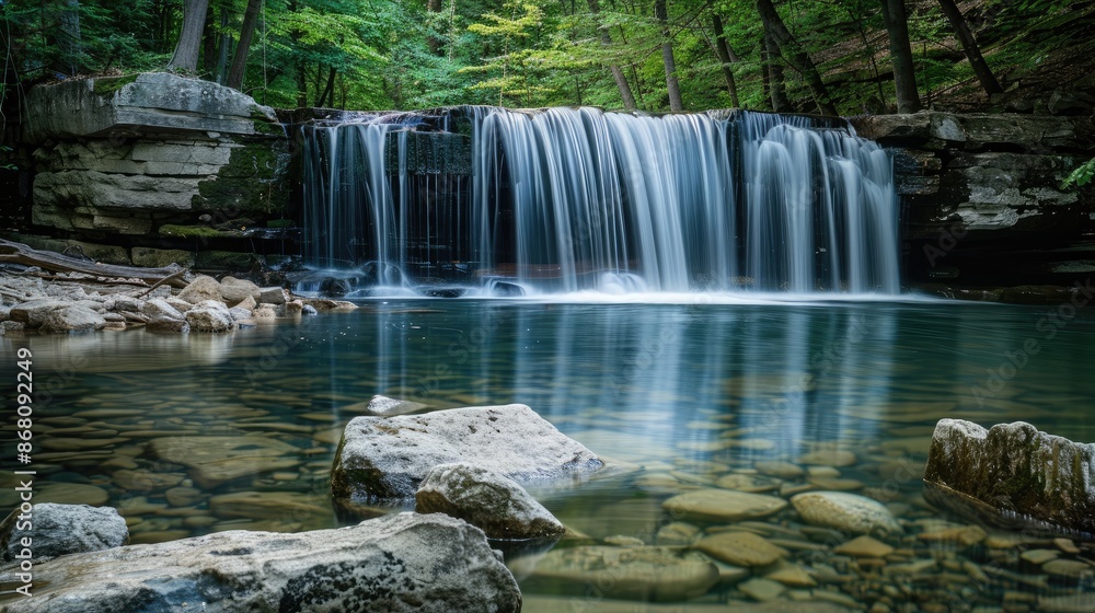 Naklejka premium A serene waterfall flowing gently over smooth rocks into a crystal-clear pond, reflecting the surrounding forest