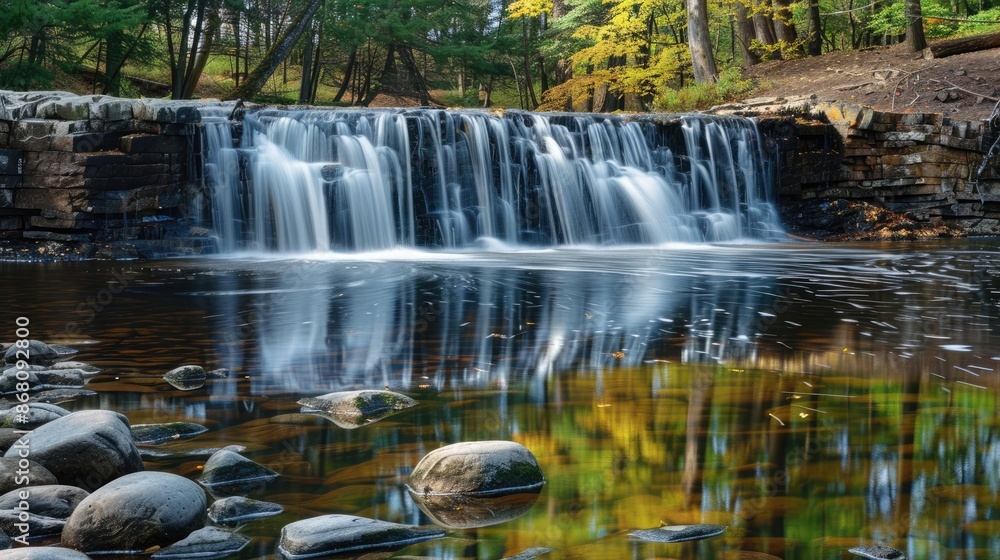 Fototapeta premium A serene waterfall flowing over smooth rocks into a clear pond, with forest foliage reflected in the water