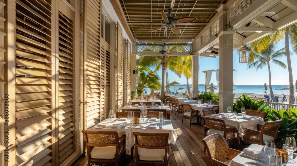 Fototapeta premium beachside restaurant with sandy beige Bahama shutters, perfect for seaside dining