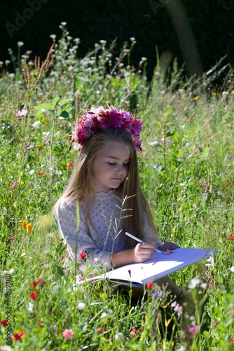 Girl, nine, summer, mirror, flowers, 