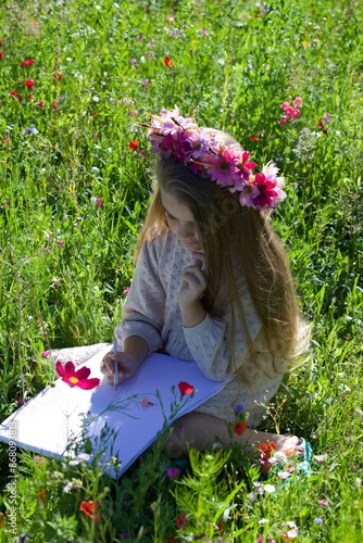 Girl, nine, summer, mirror, flowers, 